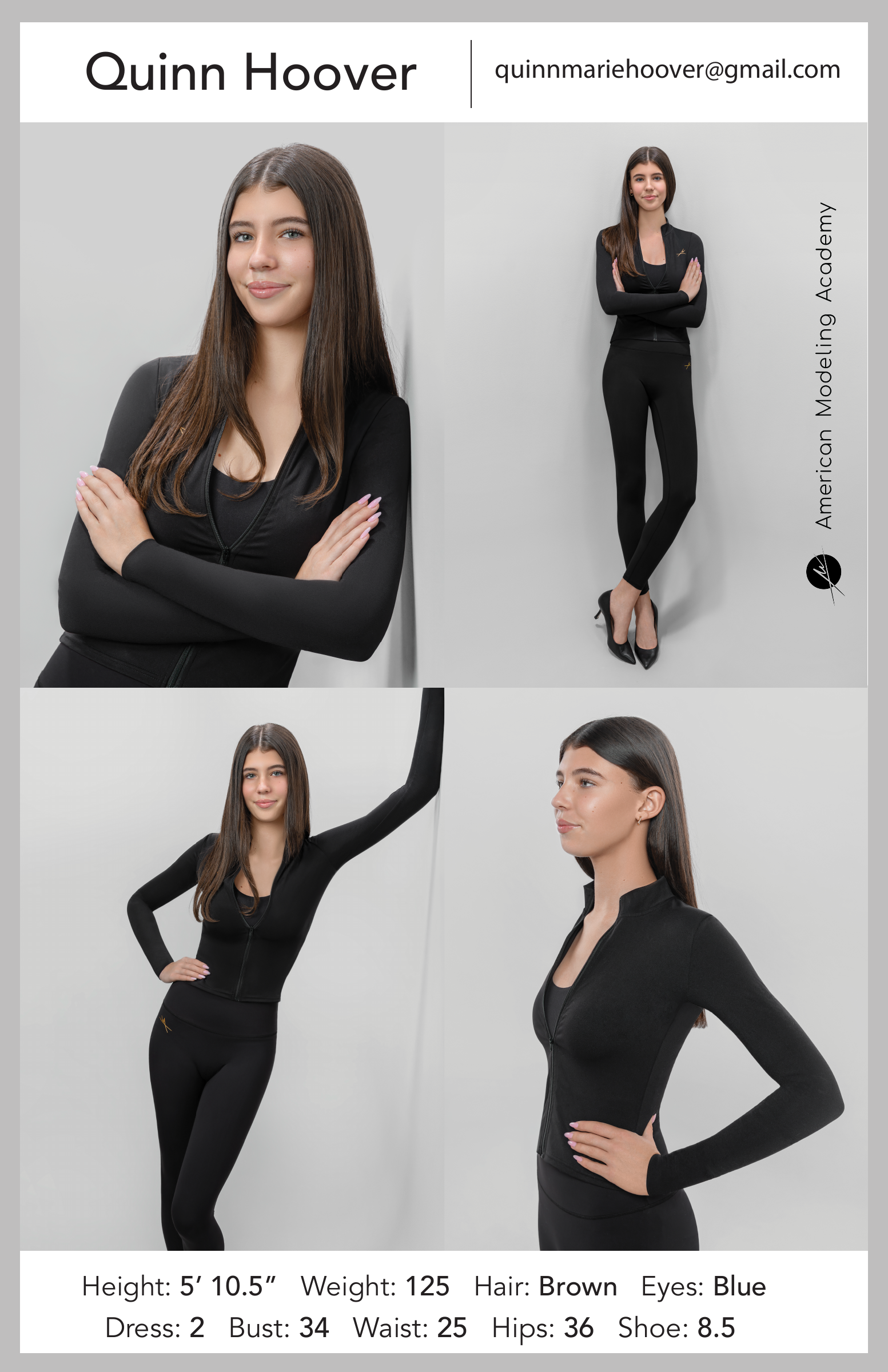 Back of Quinn Hoover’s comp card, with modeling photos and details